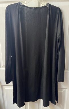 Splash Open Front Cardigan Womens Large Black Side Slits Ribbed Long Sleeved